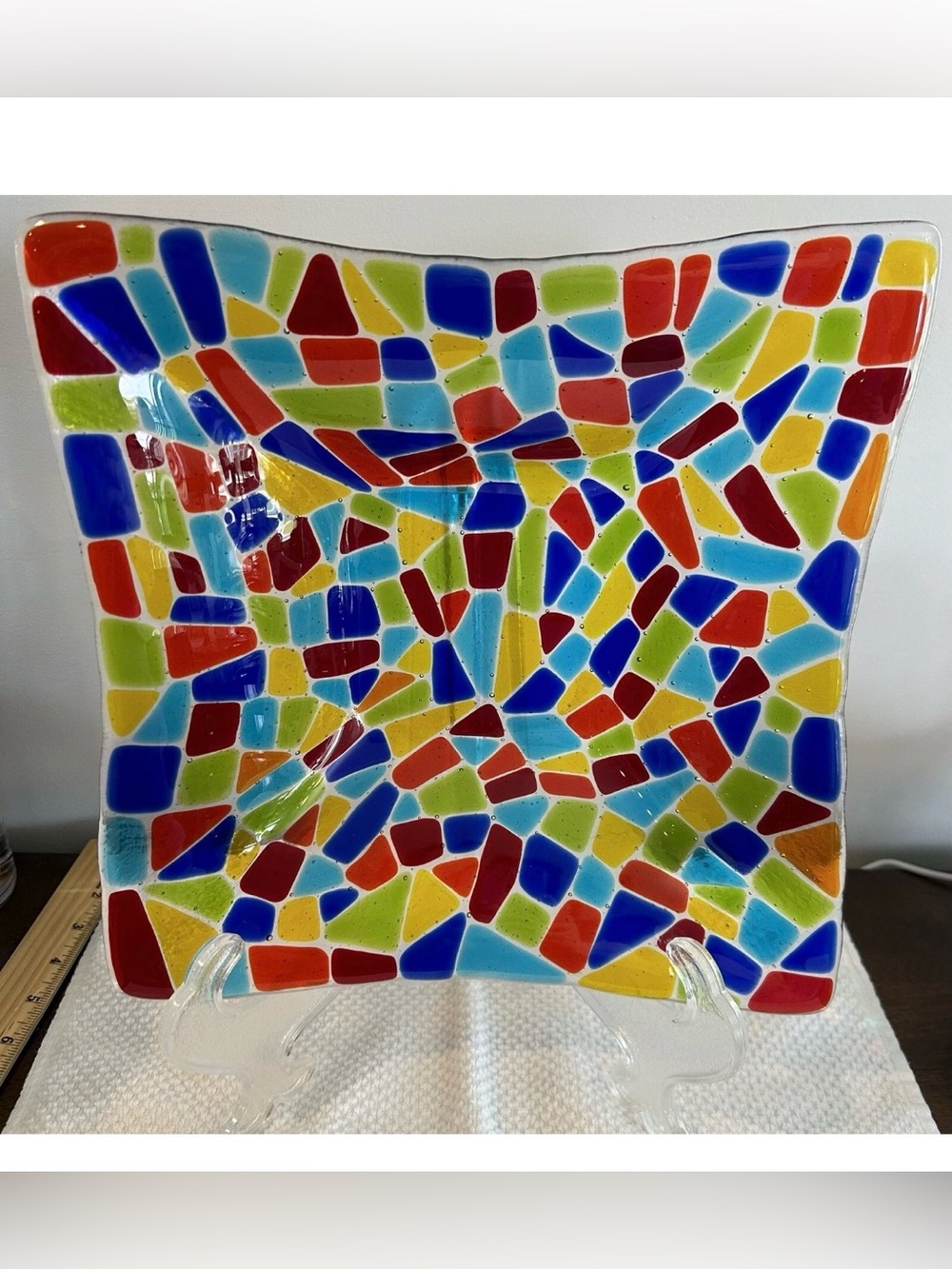 Mosaic Fused Art Glass Decorative
Multicolored Dichroic Square Handkerchief Bowl